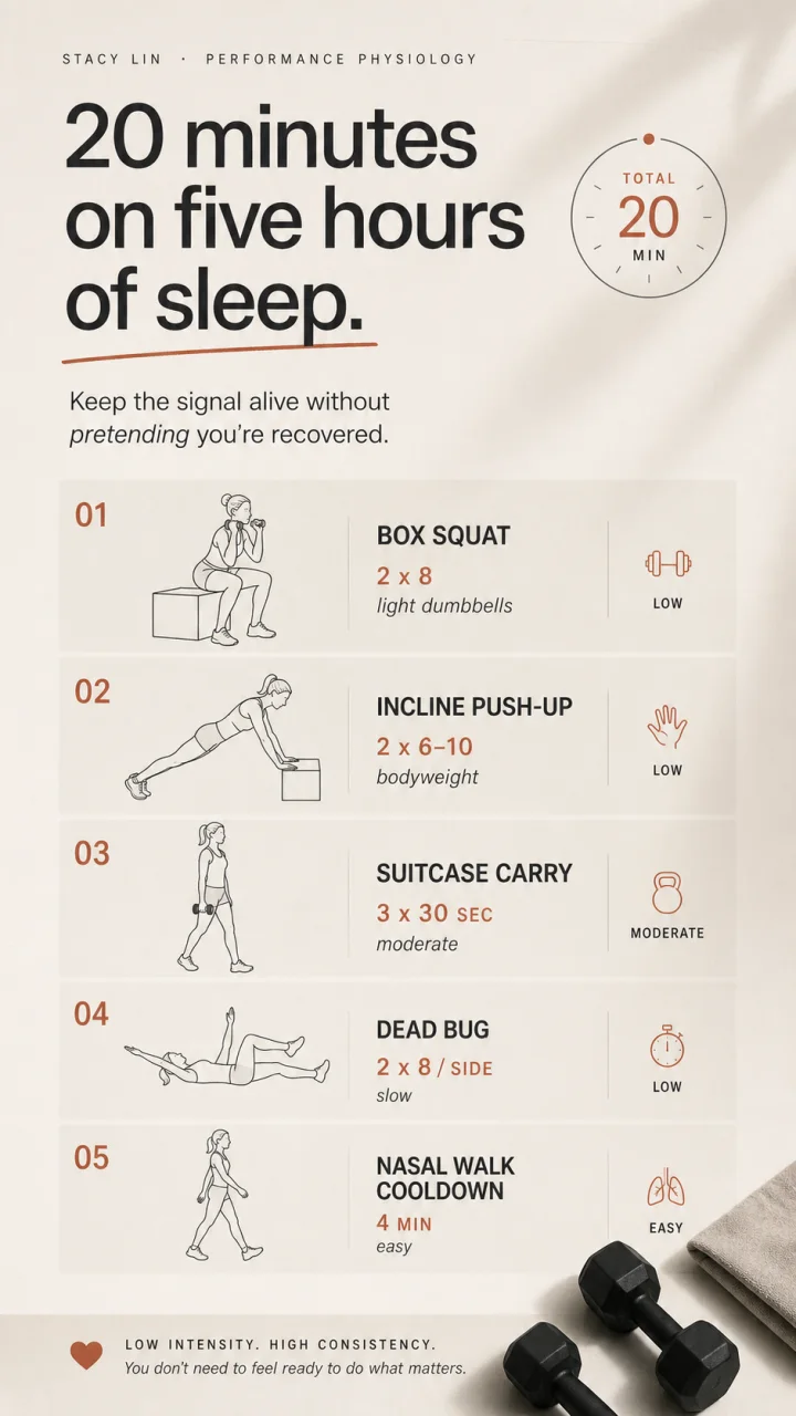 Workout artifact preview: 20 minutes on five hours of sleep